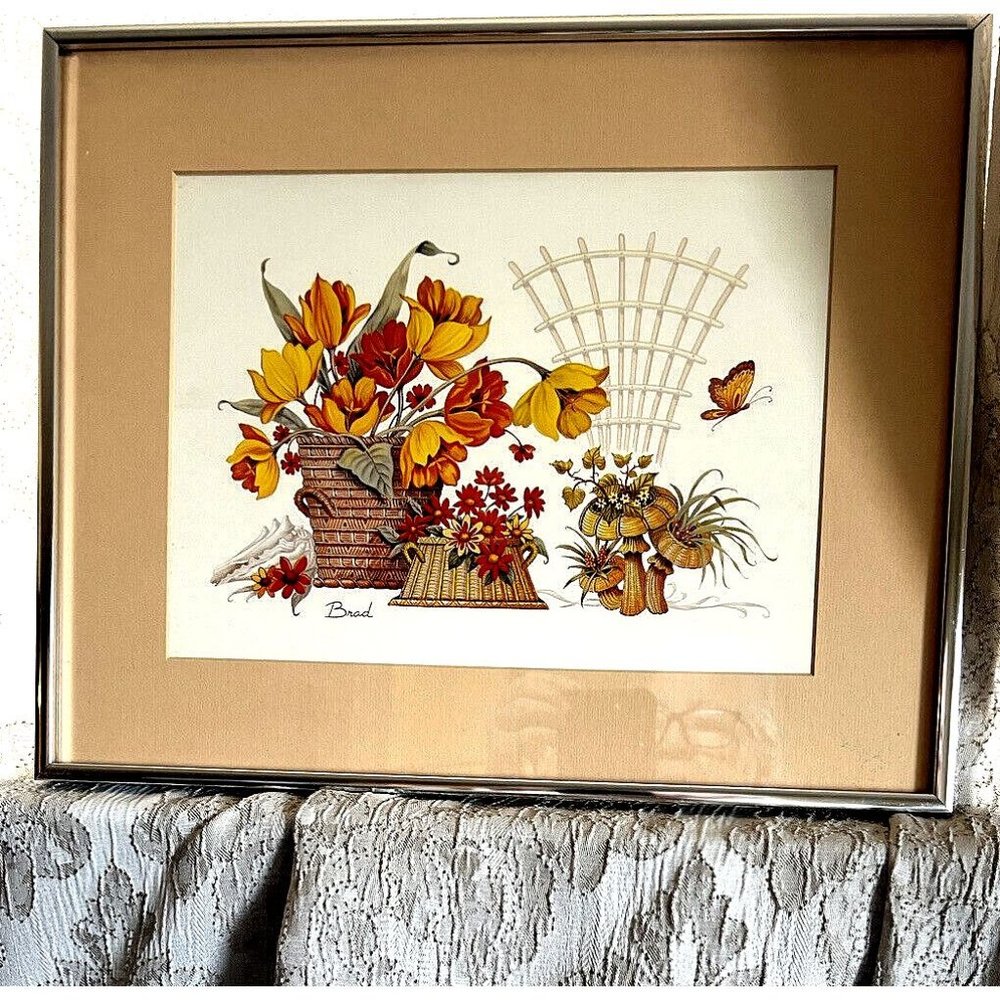VTG 1960s Artist Signed Painting Print Still Life Flower Mushroom Metal Framed